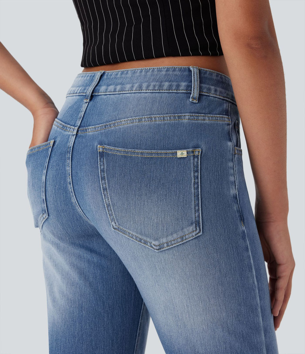 Jean décontracté Halara Flex™ taille basse à jambes droites avec bouton, fermeture éclair, multiples poches, effet délavé en maille extensible