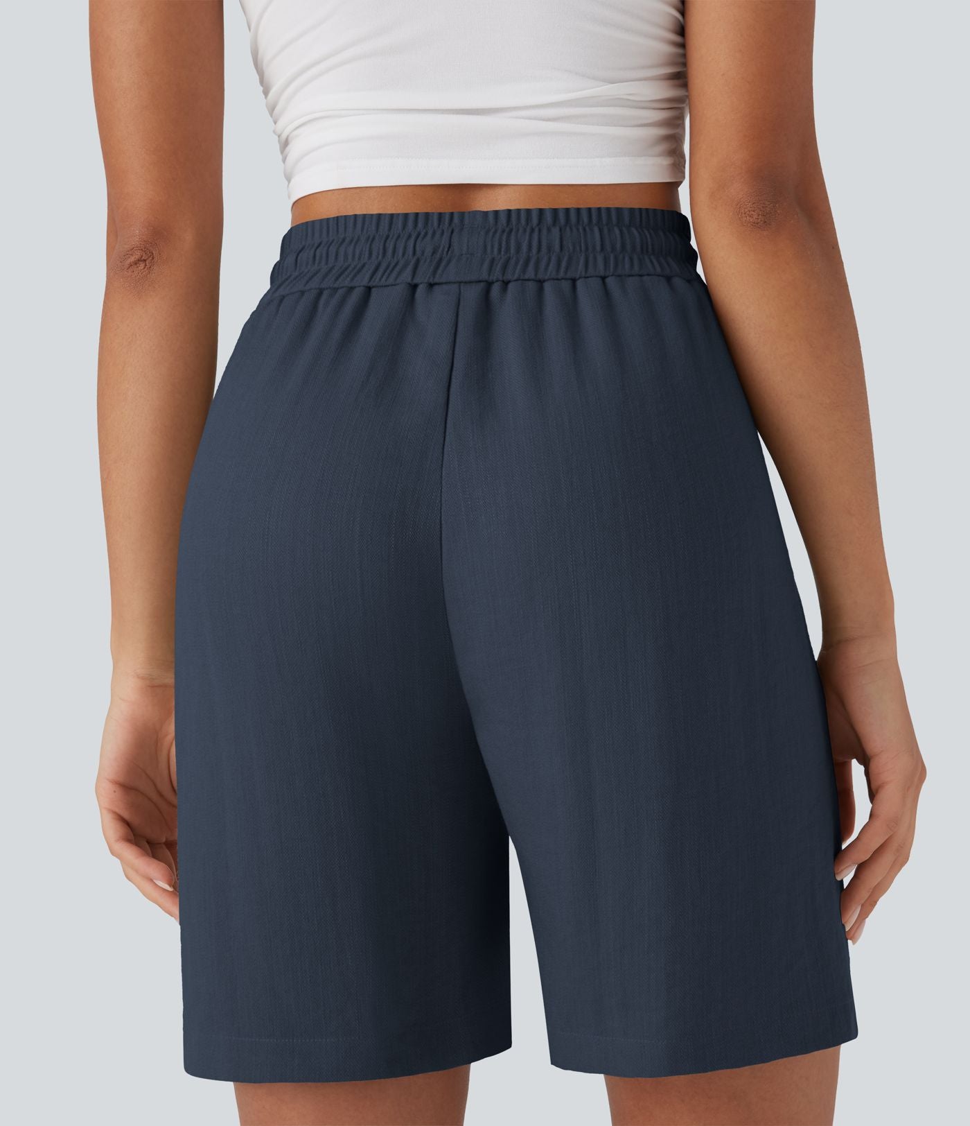 Short décontracté effet lin taille haute avec cordon de serrage et poches latérales