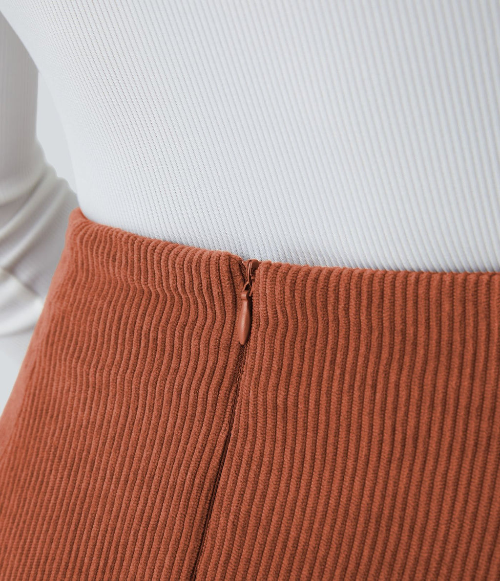 Mini-Jupe Casual en Velours Côtelé 2 en 1 Fermeture Éclair Invisible Taille Haute