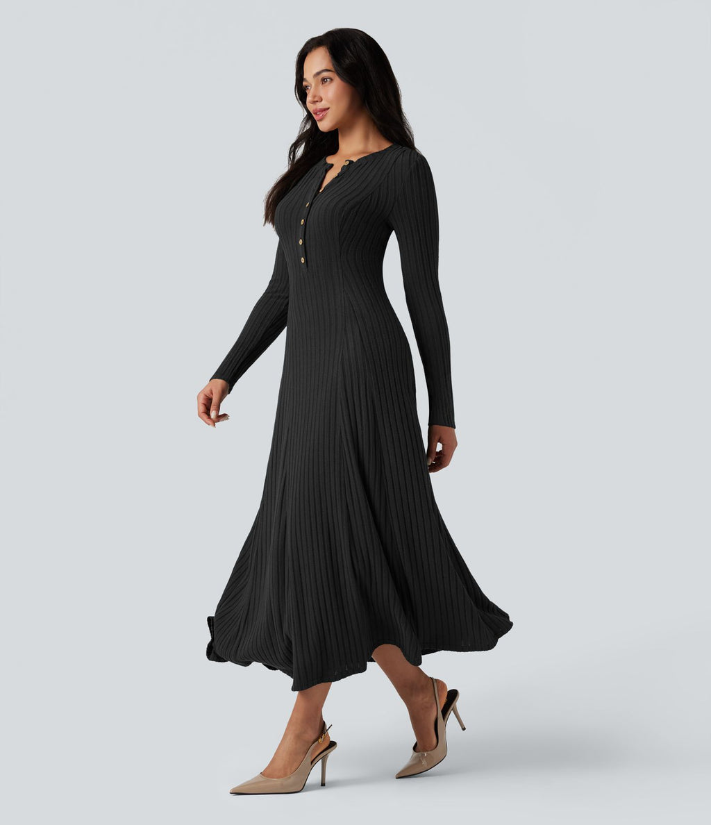 Robe longue fluide maille côtelée col henley manches longues
