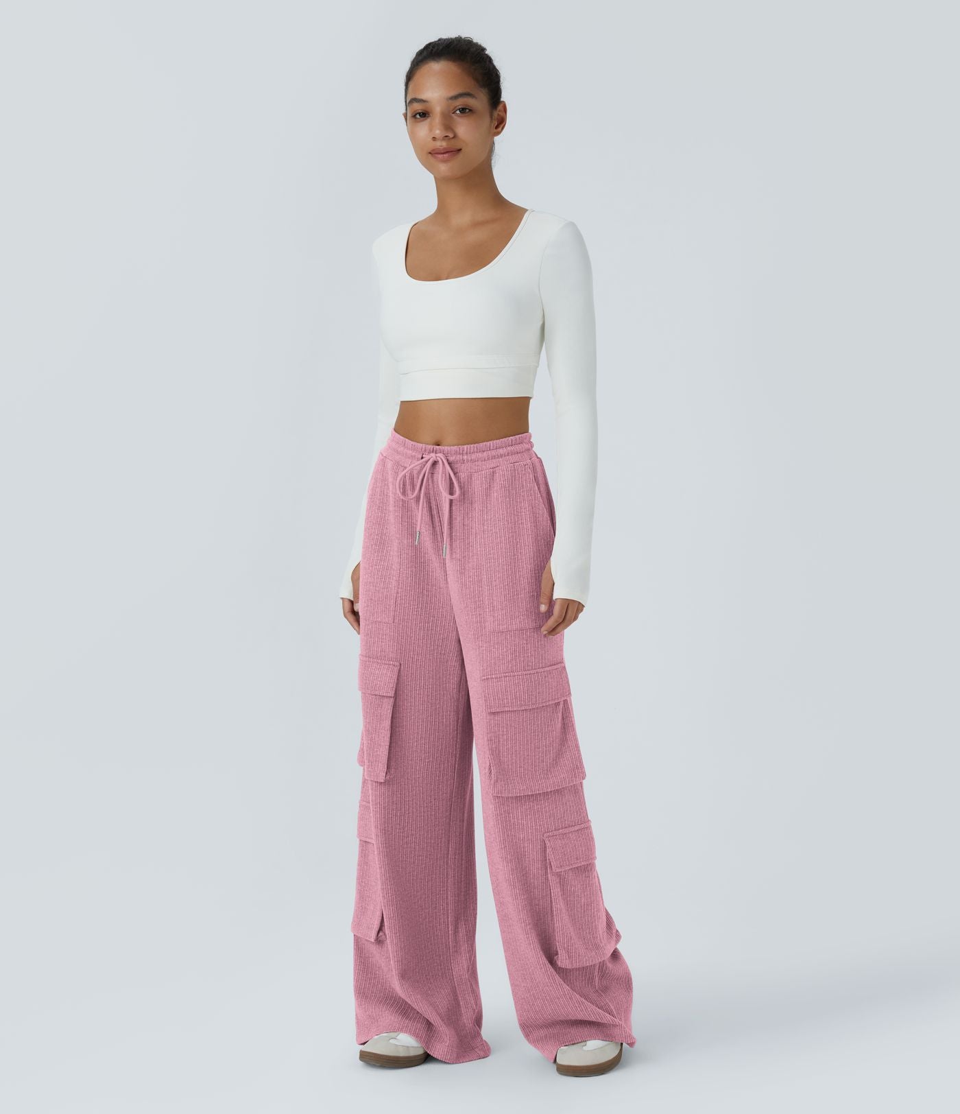 Pantalon cargo décontracté large à cordon côtelé, taille mi-haute, avec poches