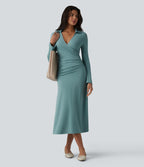 Robe midi décontractée à col en V et manches longues froncées
