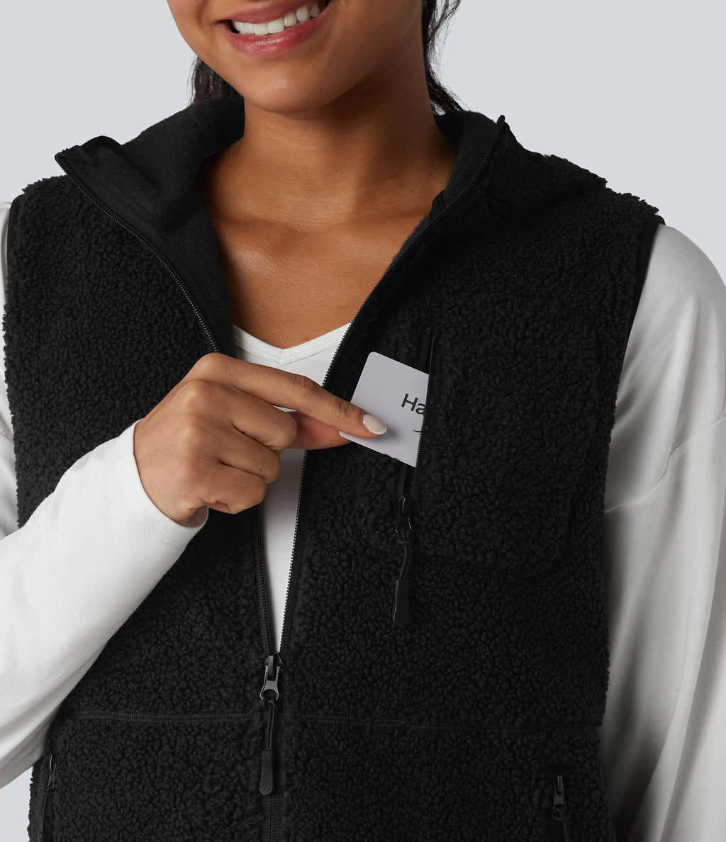 Gilet de sport sherpa à capuche avec poches