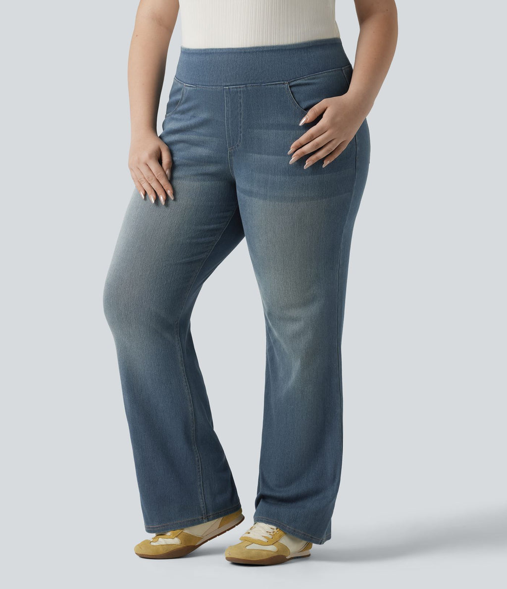 Jean décontracté Halara Flex™ grande taille bootcut taille haute en maille extensible délavée avec multiples poches