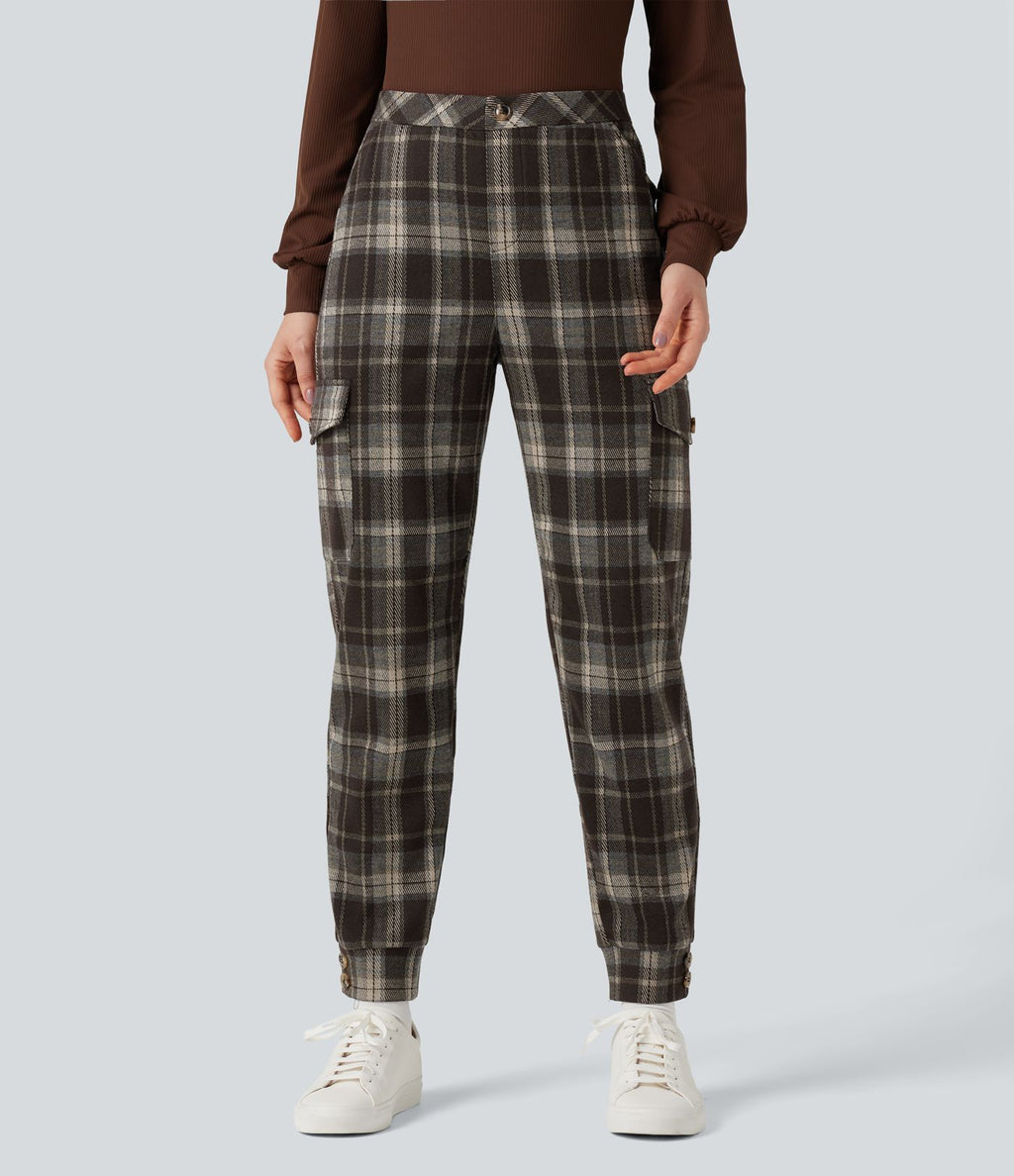 Jogging cargo tailleur carreaux taille mi-haute avec poches