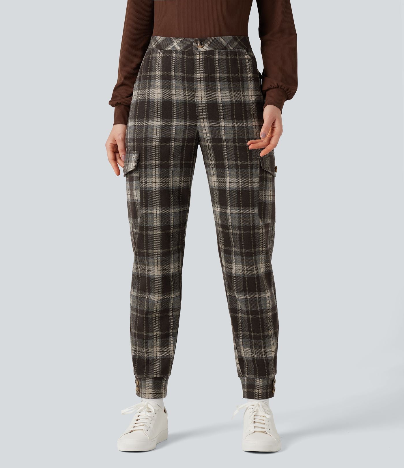 Jogging cargo tailleur carreaux taille mi-haute avec poches