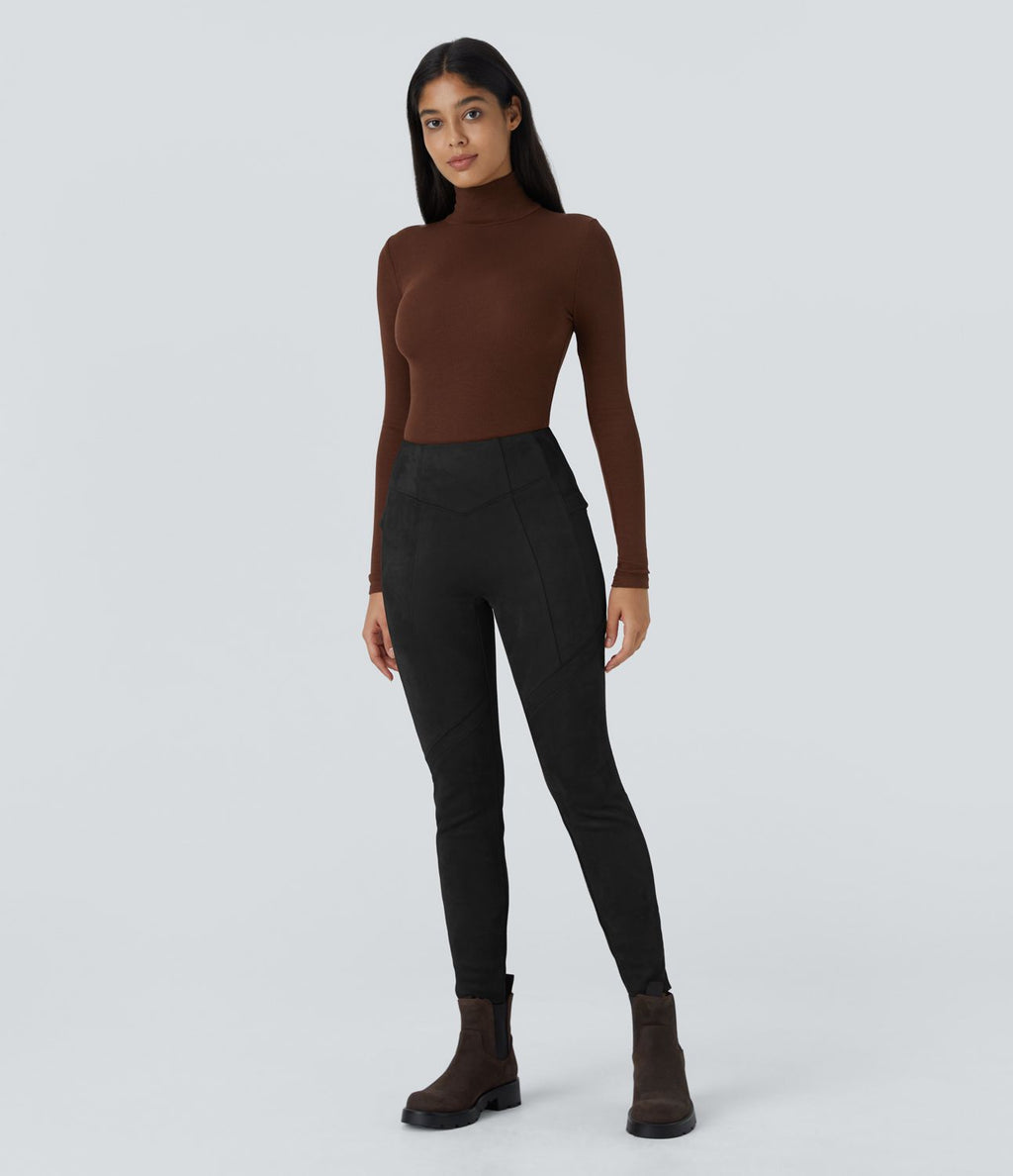 Legging casual en suédine longueur cheville avec poches latérales et taille haute