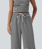 Pantalon large casual à rayures en maille gaufrée taille haute avec cordon de serrage et poches