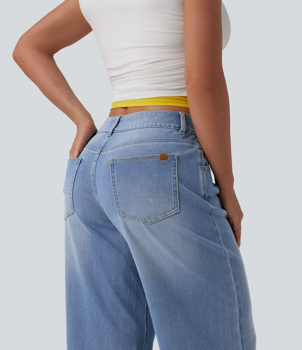 Halara Flex™ Jean Large Casual Taille Basse avec Boutons Zip Multiples Poches Lavés Élastiques et Tricotés