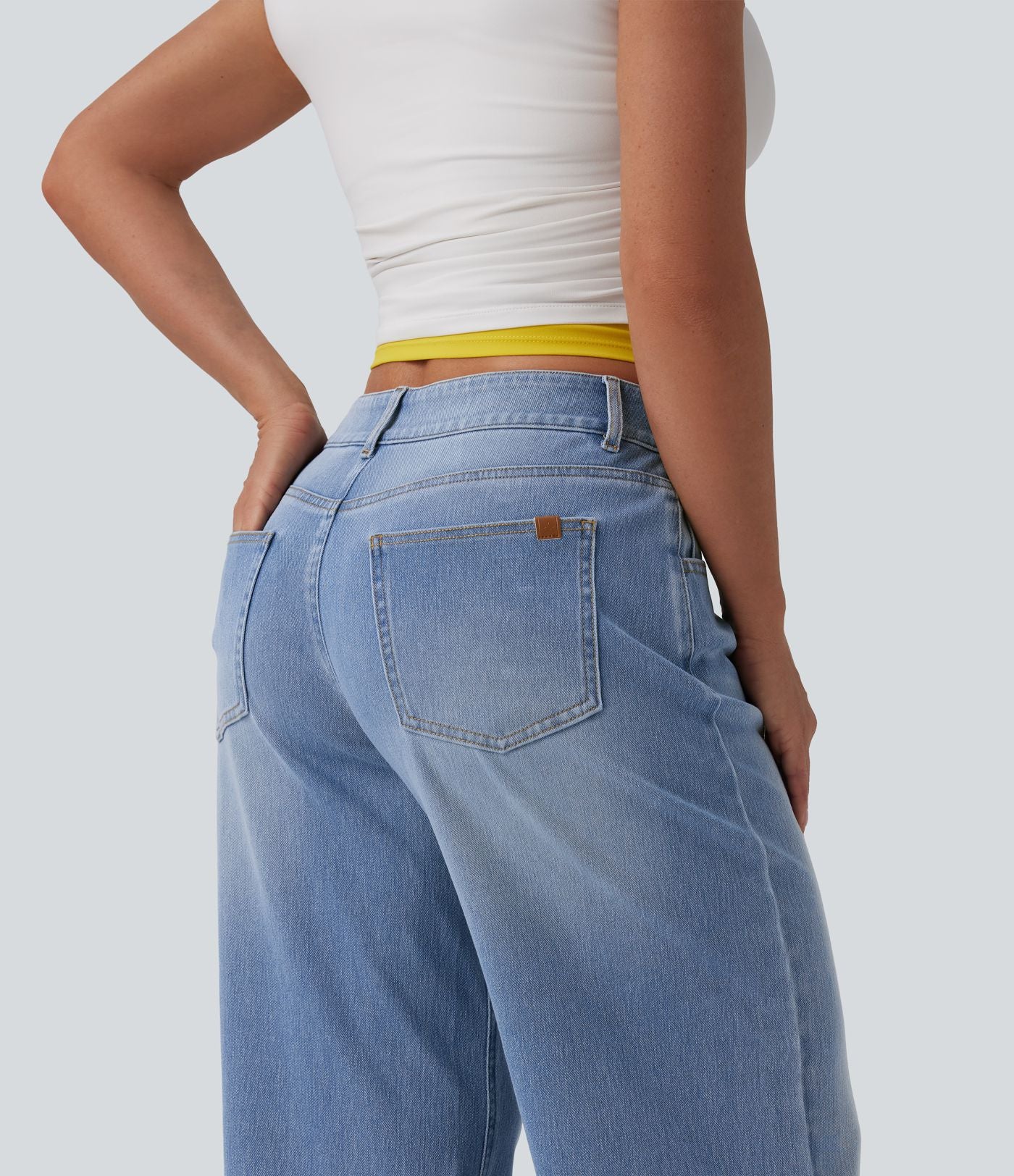Halara Flex™ Jean Large Casual Taille Basse avec Boutons Zip Multiples Poches Lavés Élastiques et Tricotés