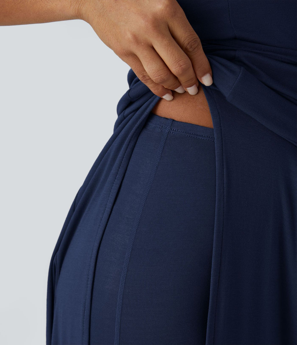 Robe Casual Midi 2 Pièces Capuche Col Montant Sans Manches Fendue avec Découpe Dos Nœud Côtelée