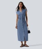 Halara Flex™ Robe décontractée en jean midi col V sans manches froncée avec boutonnière