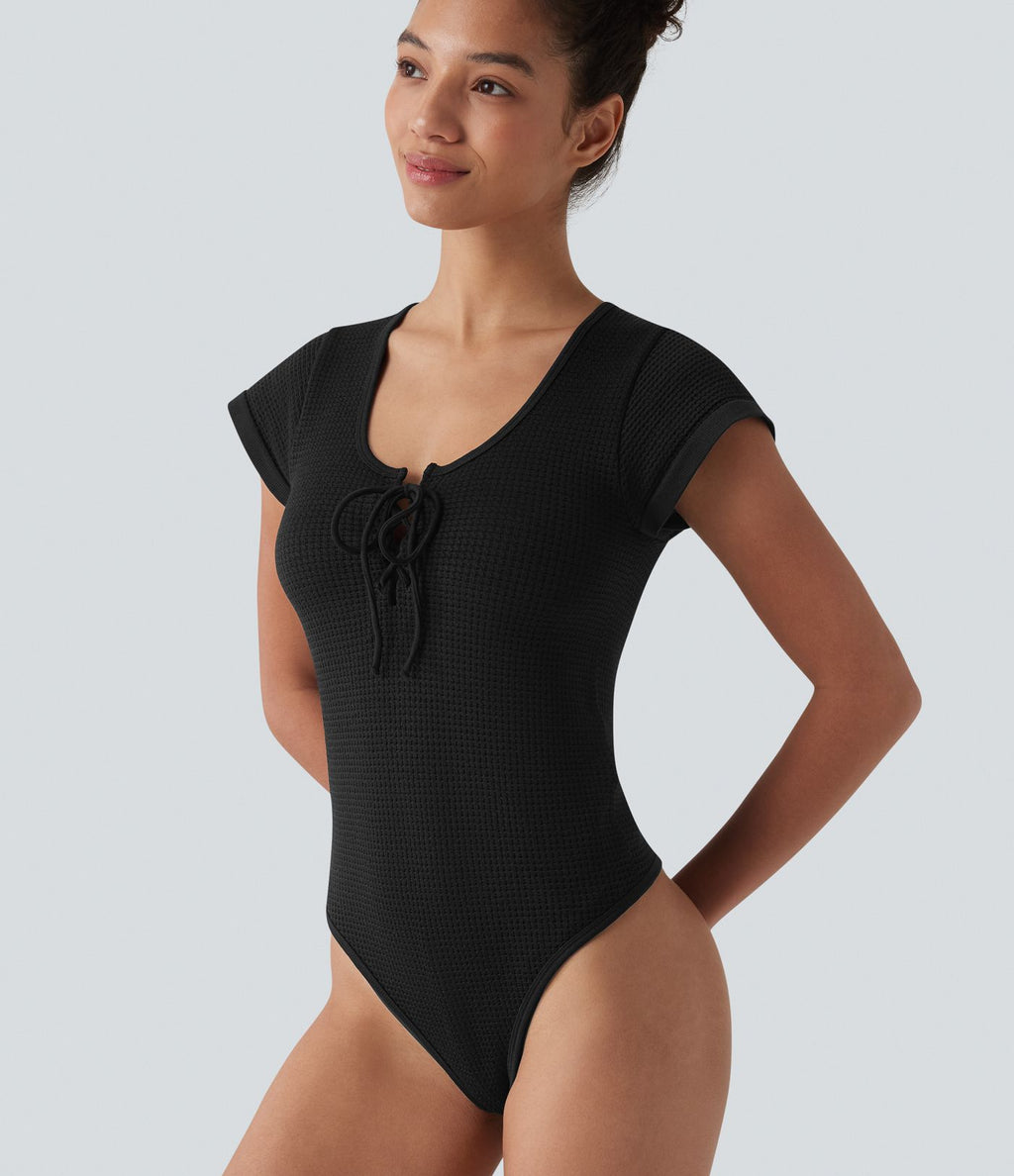 Body décontracté col rond à lacets manches courtes boutons-pression tissu gaufré