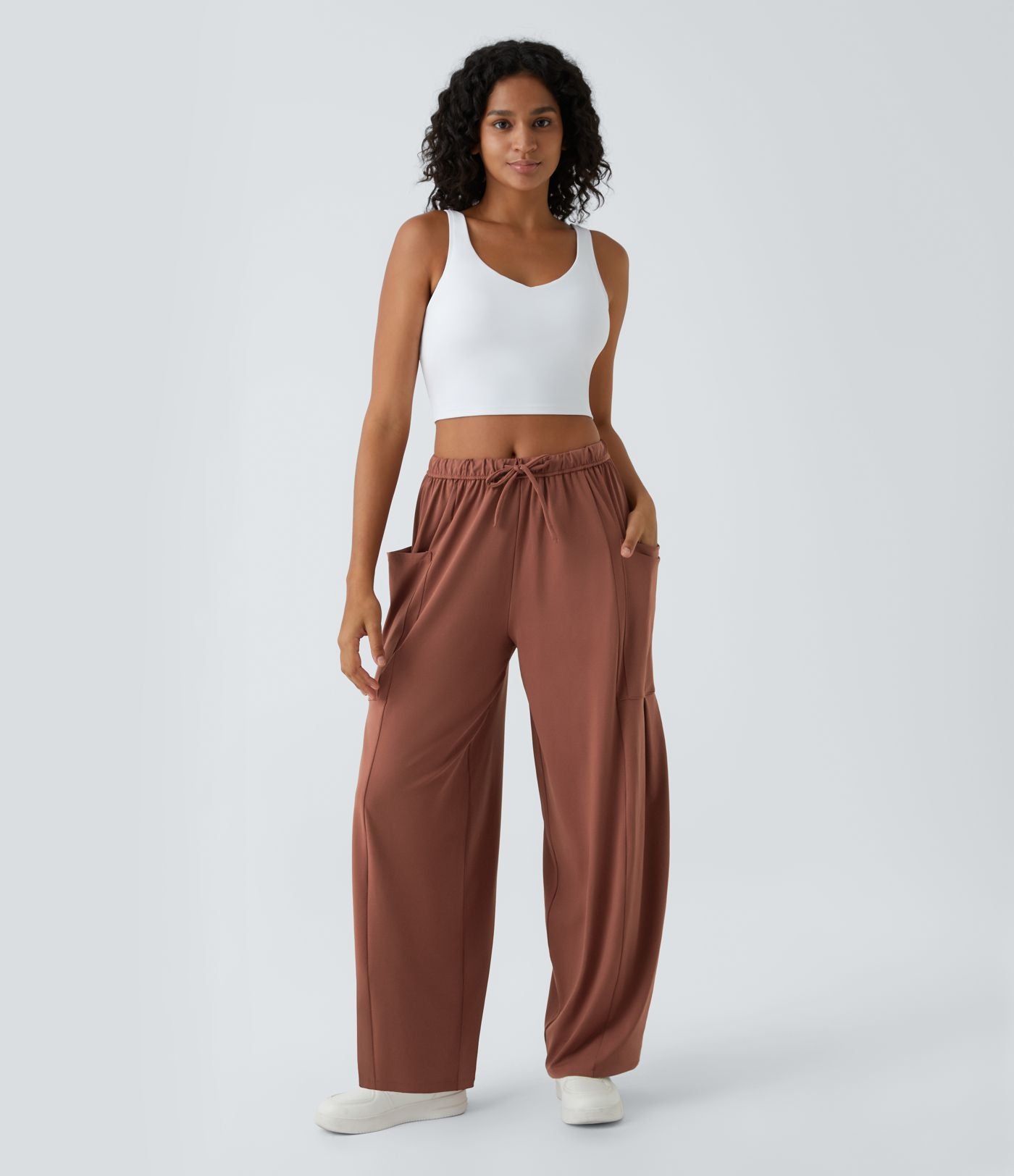 Pantalon Large Fluide Taille Mi-Haute Taille Élastique Cordon Poches Latérales Ourlet Flottant
