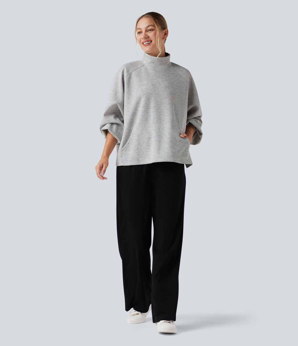 Sweat-shirt col montant à manches longues ourlet asymétrique avec poche