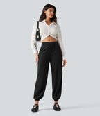 Pantalon de jogging taille haute en lin stretch avec poches