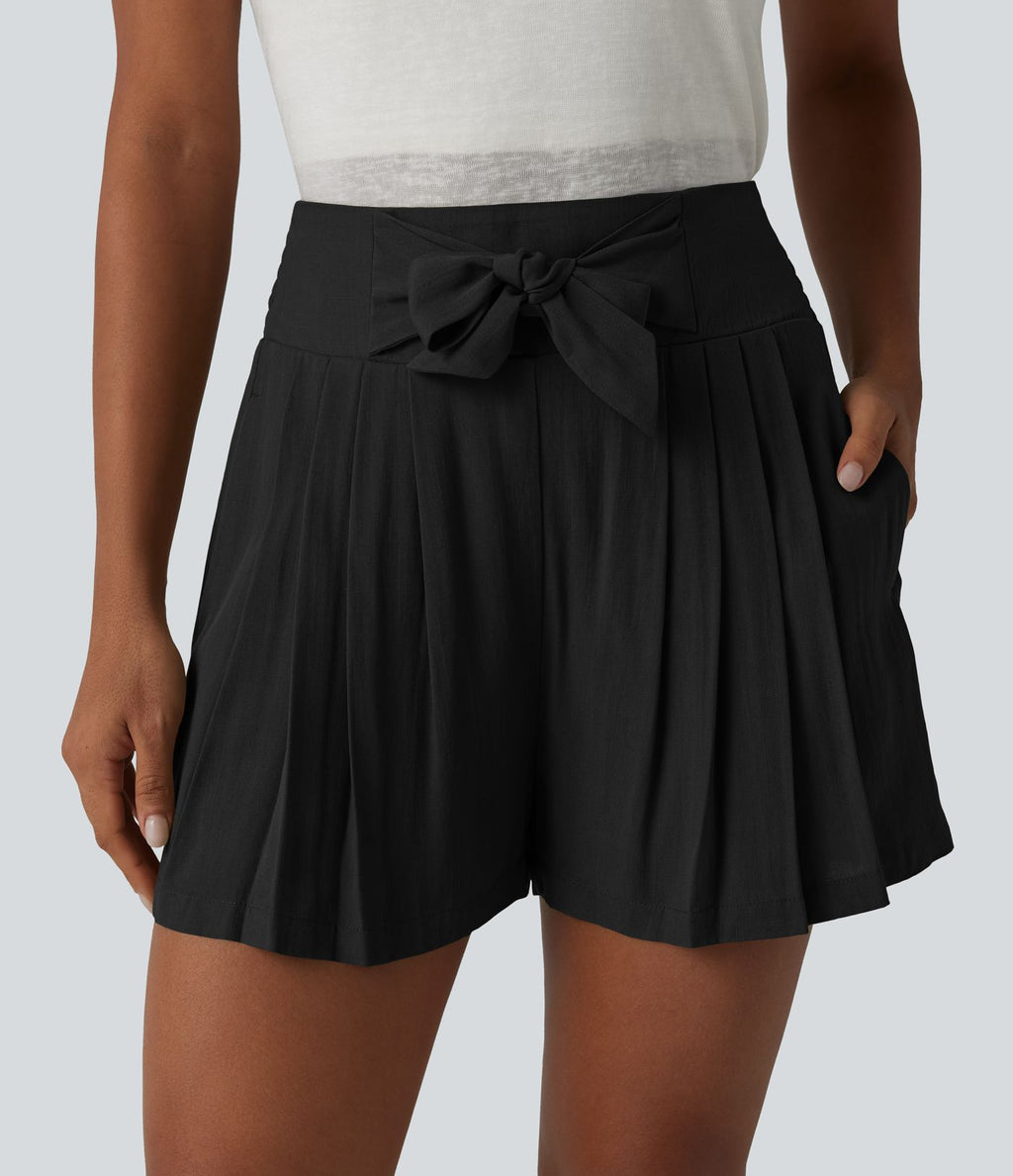 Short casual taille haute à nœud frontal froncé plissé effet lin avec poches