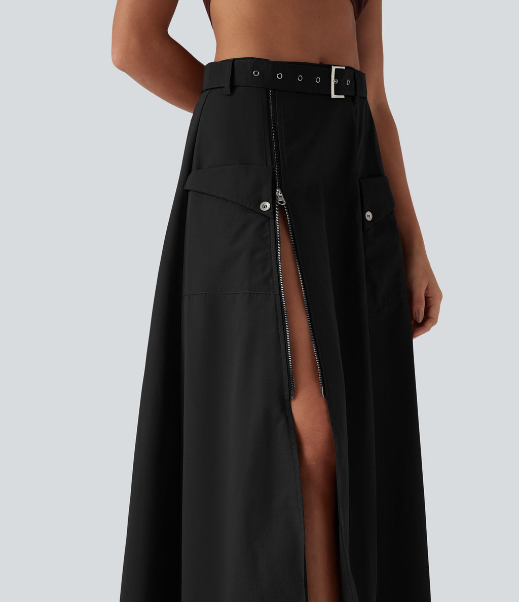 Jupe longue décontractée taille mi-haute avec ceinture fermeture éclair fente et poches latérales