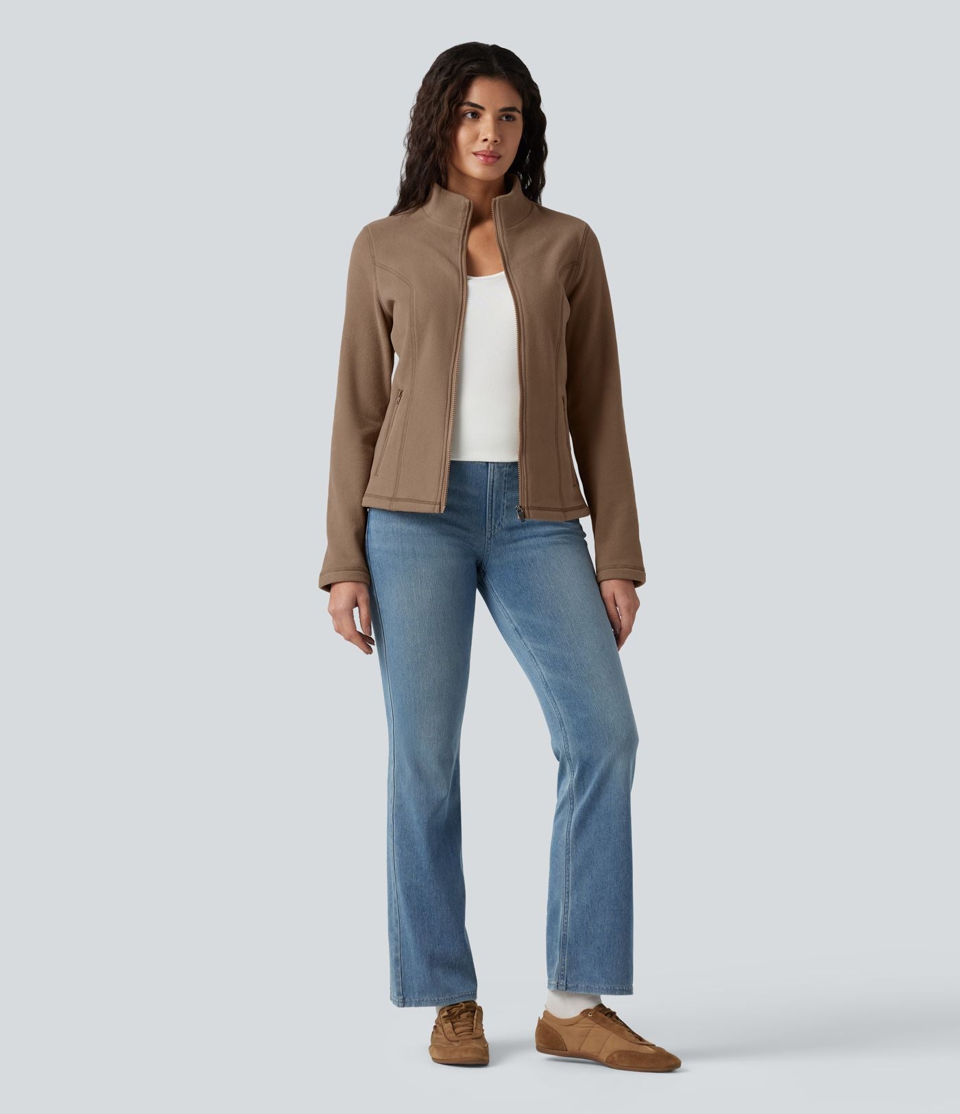Veste polaire décontractée coupe ajustée à col montant, fermeture zippée et poches