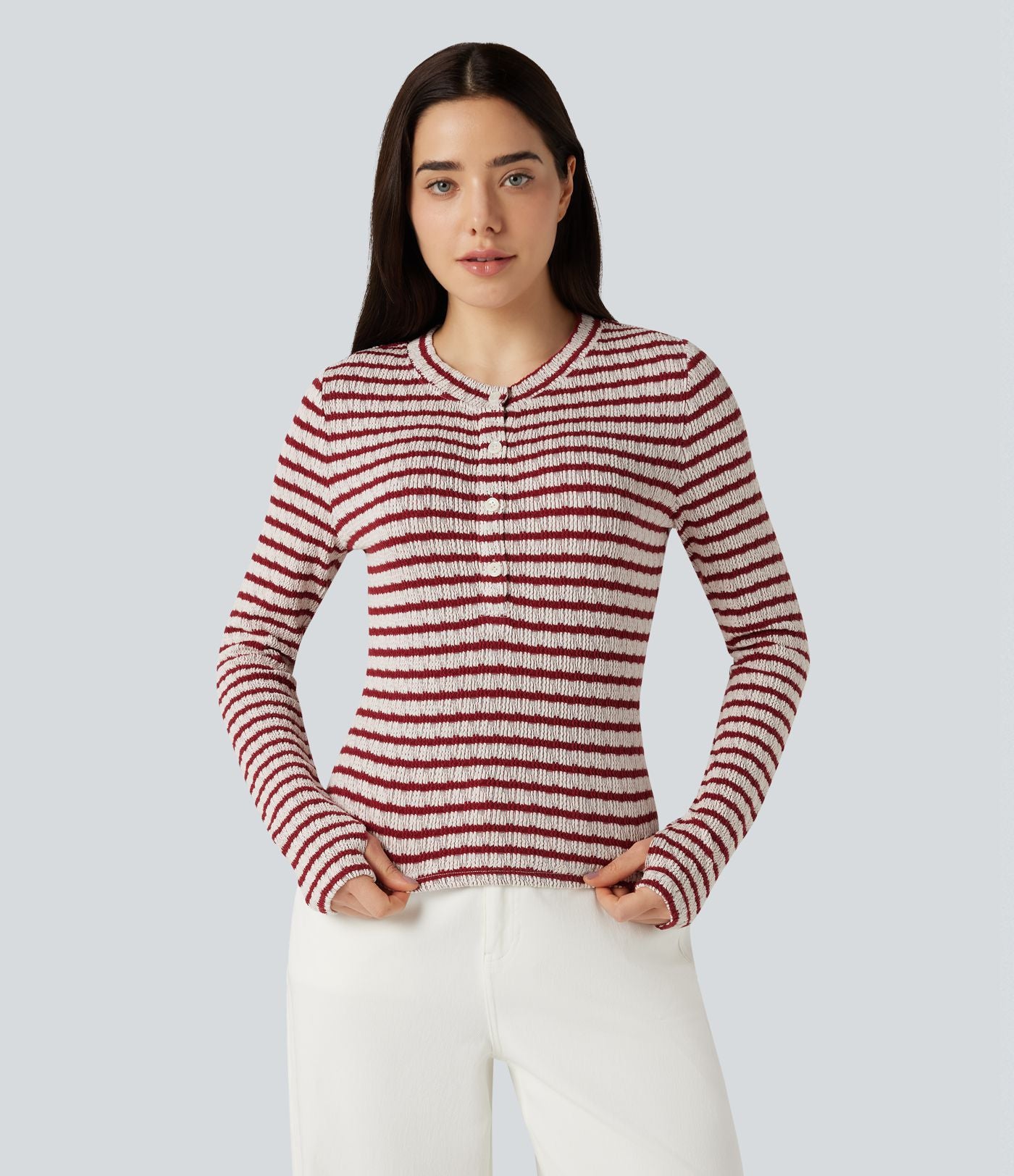 T-shirt rayé col Henley manches longues avec trous pouces
