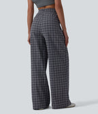 Pantalon large casual taille haute carreaux froissés à séchage rapide avec cordon de serrage et poches zippées