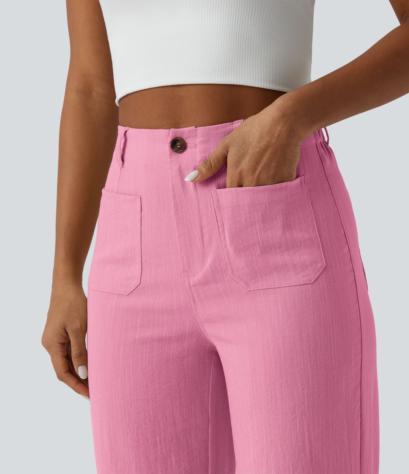Pantalon taille haute coupe droite effet lin avec poches