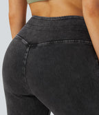 Halara Flex™ Jean Casual Taille Haute avec Cordon de Serrage et Poches Latérales en Tricot Extensible Lavé