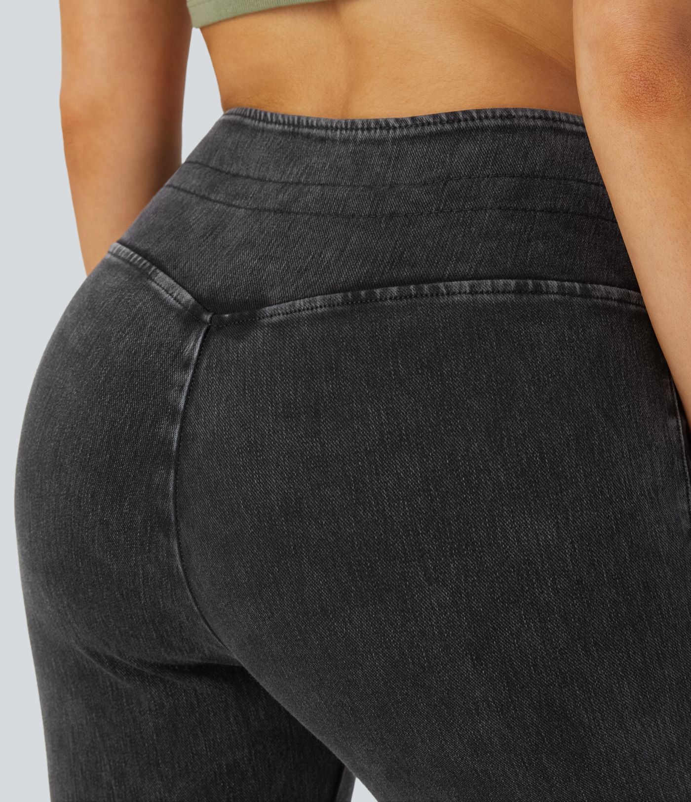 Halara Flex™ Jean Casual Taille Haute avec Cordon de Serrage et Poches Latérales en Tricot Extensible Lavé