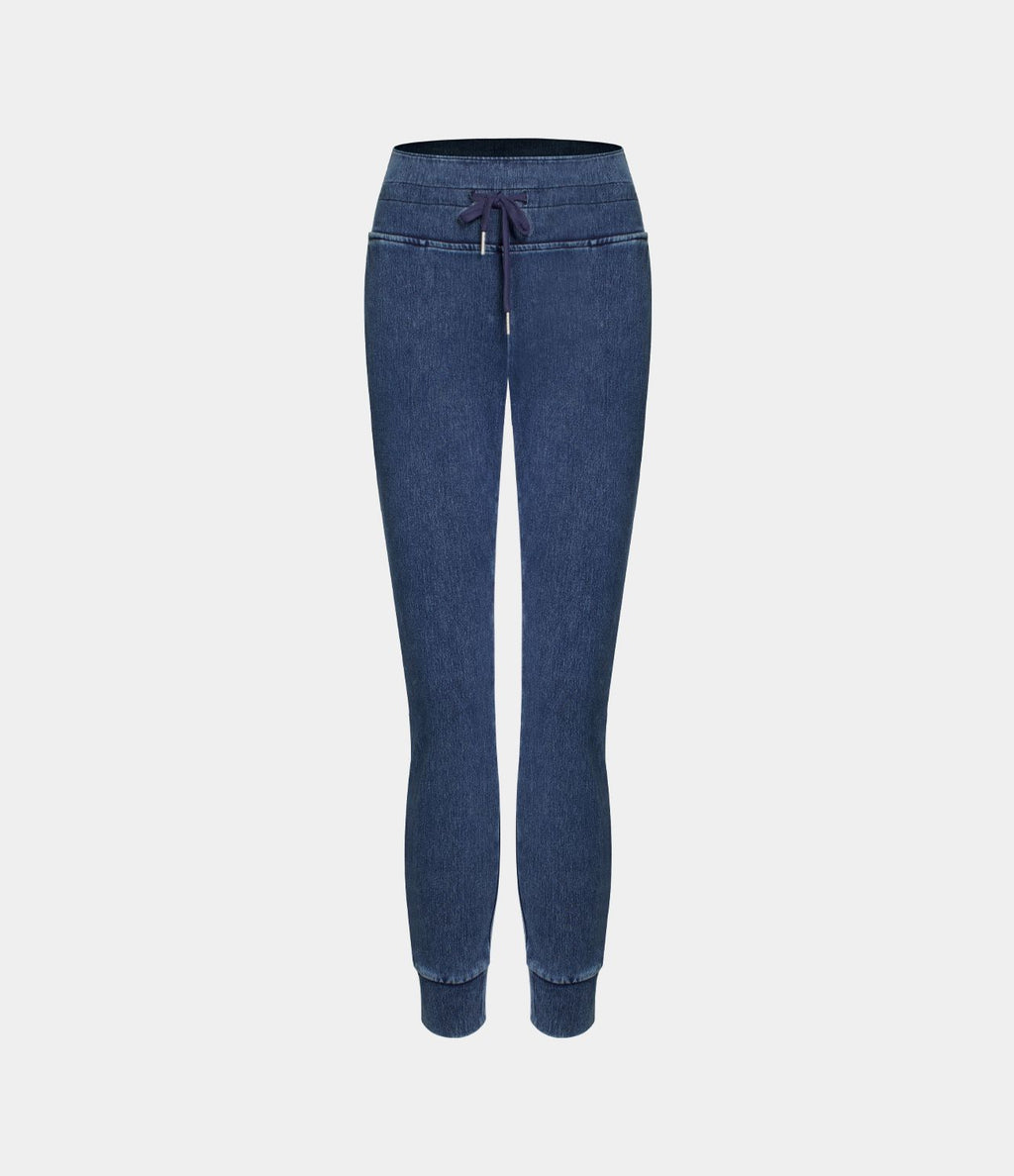 Halara Flex™ Jean Casual Taille Haute avec Cordon de Serrage et Poches Latérales en Tricot Extensible Lavé