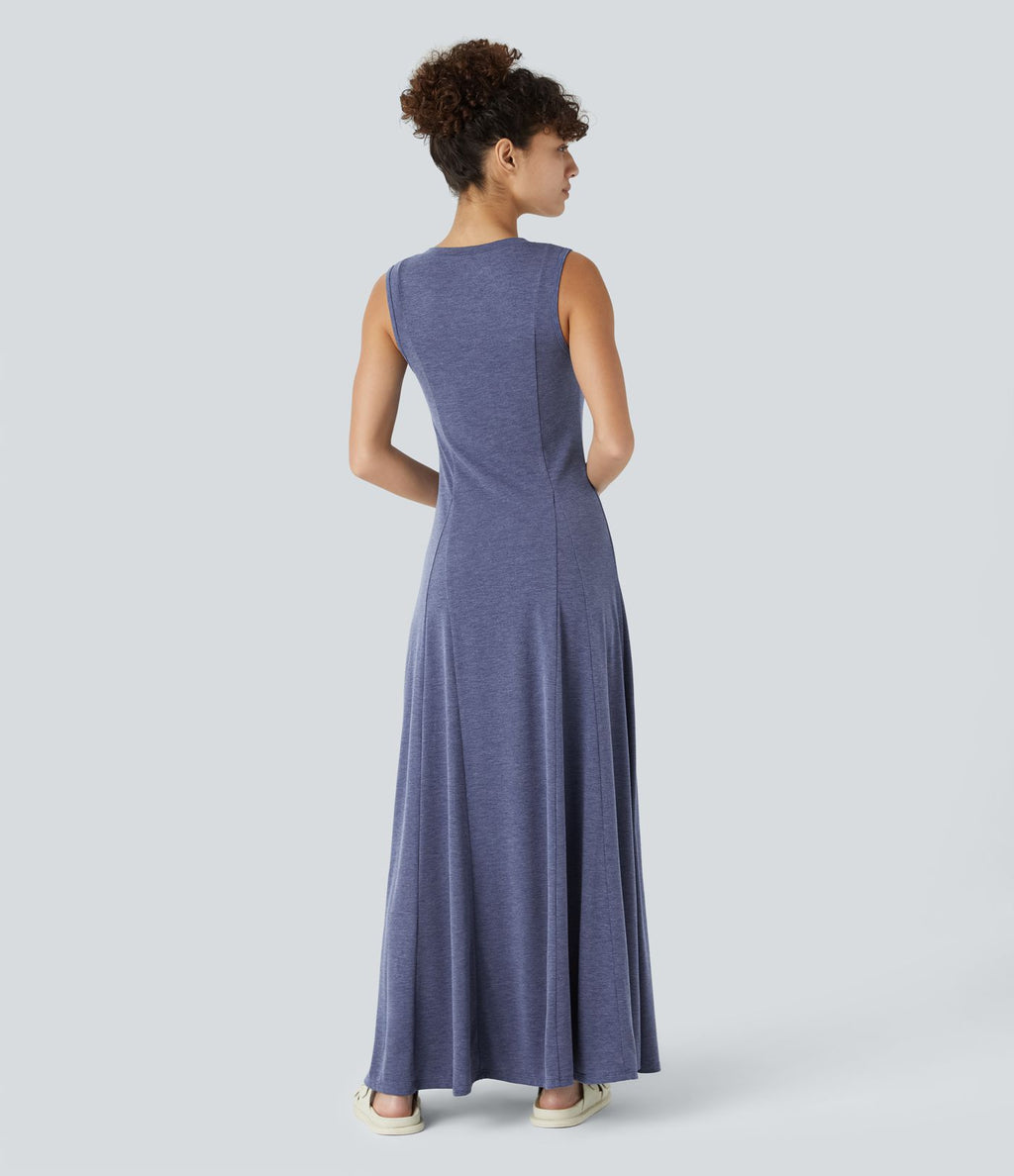 Robe Casual Maxi Col Rond Sans Manches Boutonnés