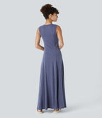 Robe Casual Maxi Col Rond Sans Manches Boutonnés