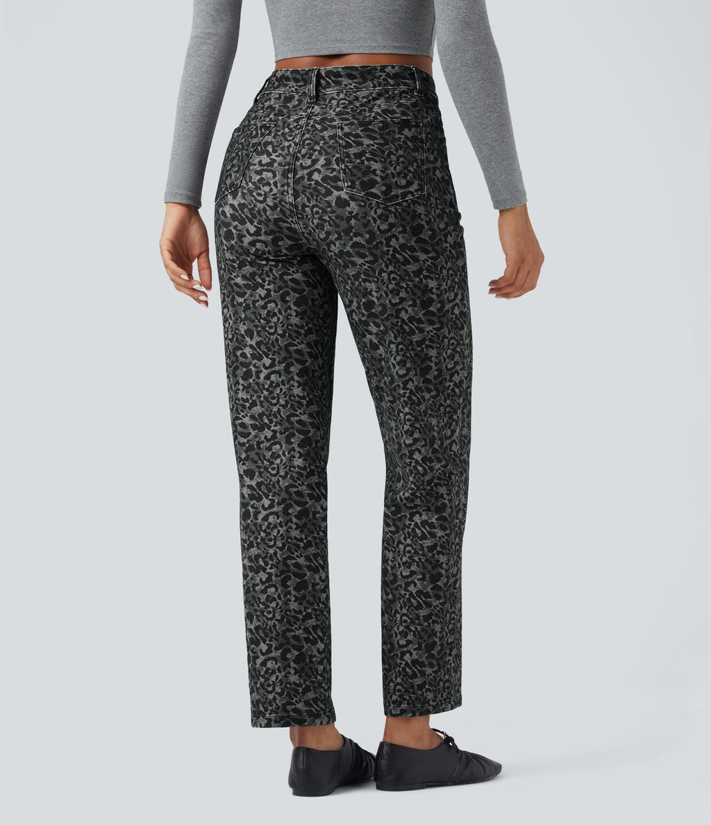 Jean Halara Flex™ coupe droite imprimé léopard taille haute avec poches