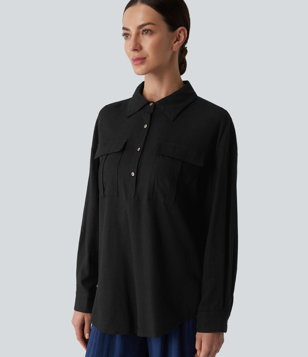 Chemise décontractée en lin col ourlet arrondi manches longues boutonnée avec poches