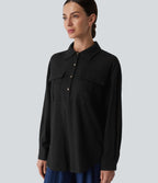 Chemise décontractée en lin col ourlet arrondi manches longues boutonnée avec poches