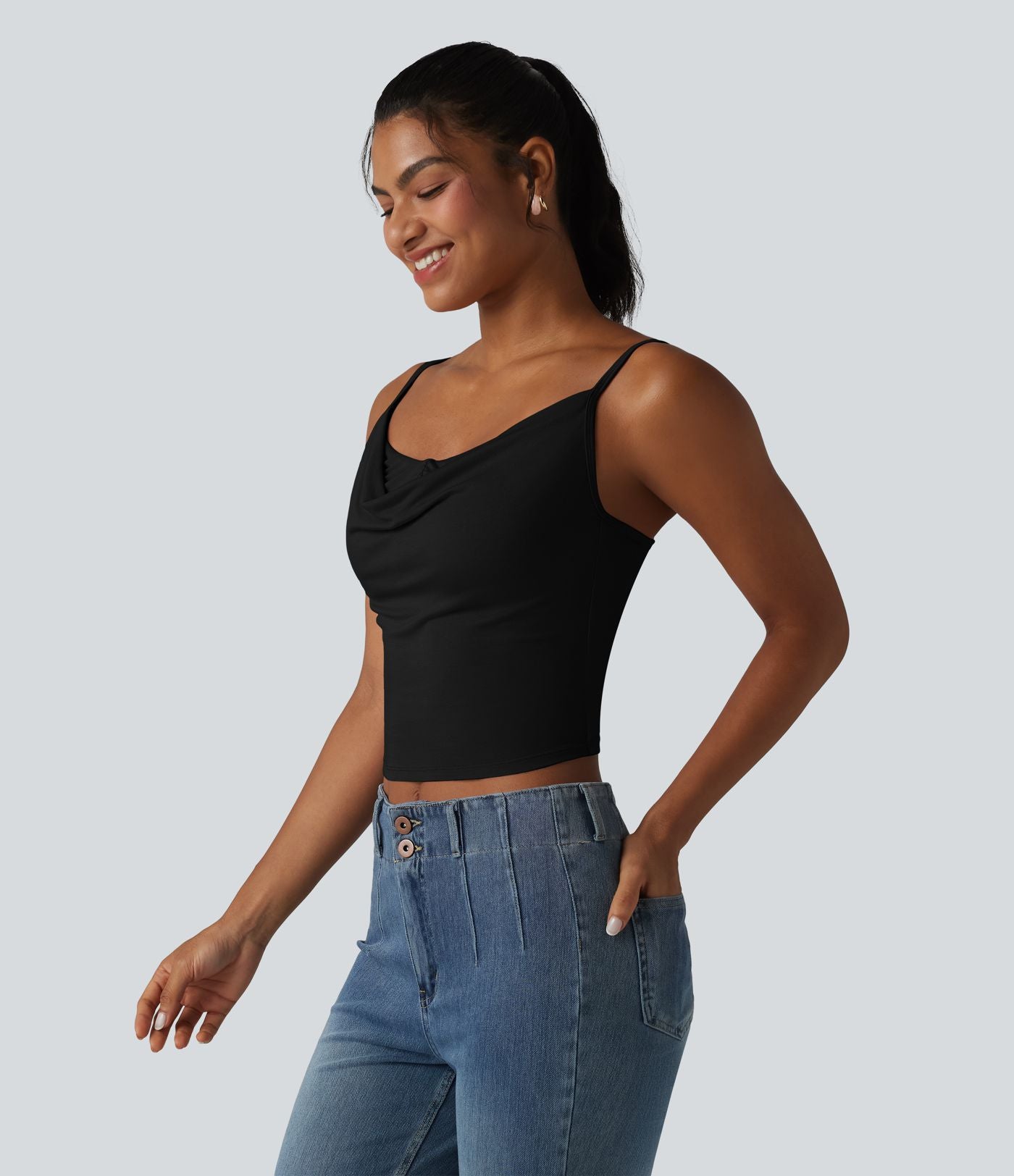 Débardeur casual en maille côtelée col bénitier bretelles réglables avec soutien-gorge intégré