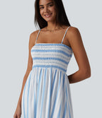 Robe resort aspect lin rayée froncée à bretelles amovibles