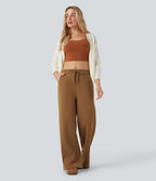 Pantalon jogging décontracté ample micro-gaufré taille mi-haute avec cordon de serrage et poches