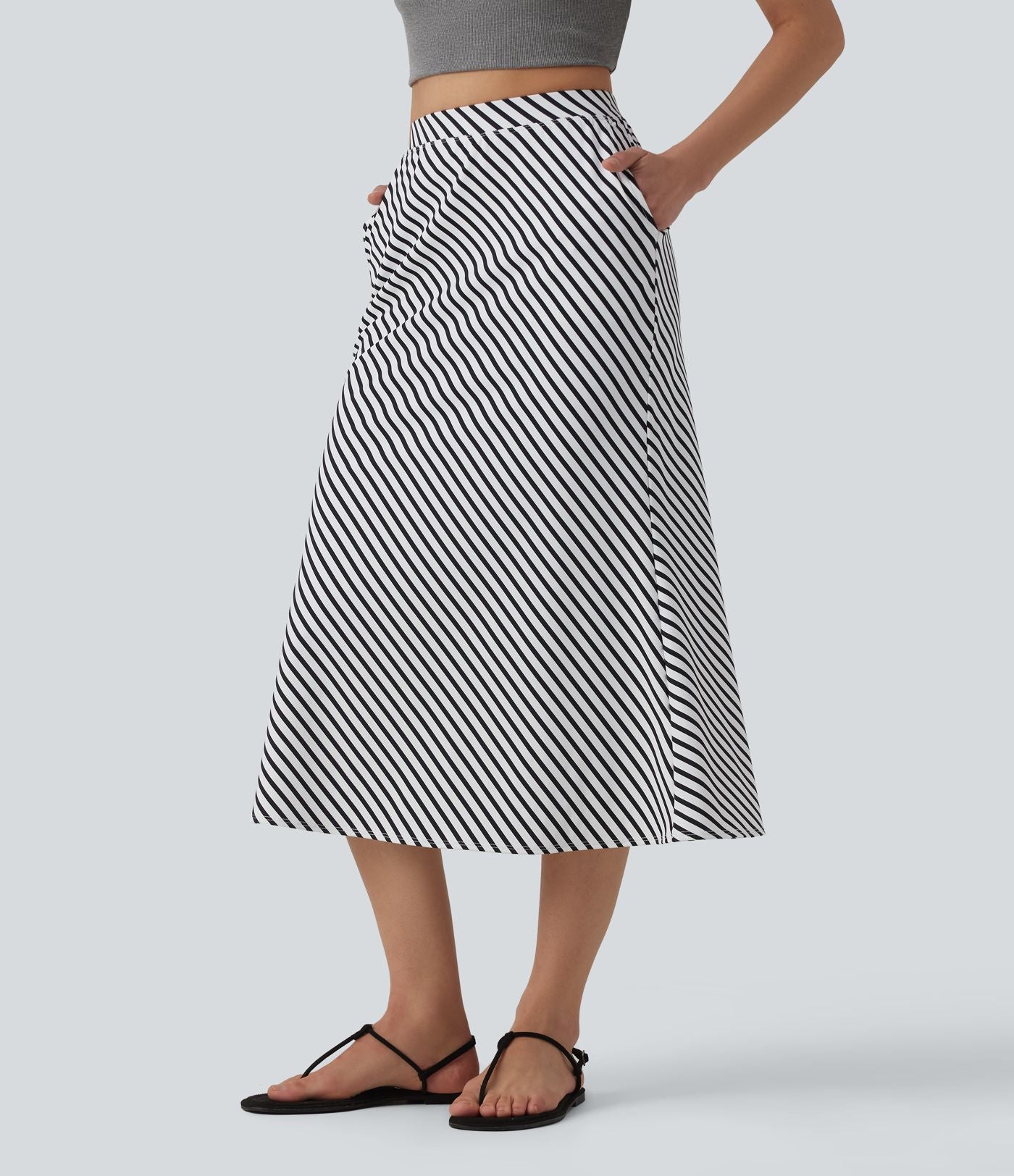 Jupe mi-longue casual à rayures taille haute avec poches