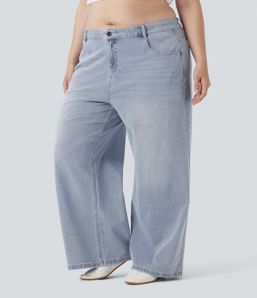 Jean décontracté grande taille Halara Flex™ taille basse large en maille extensible délavée avec multiples poches