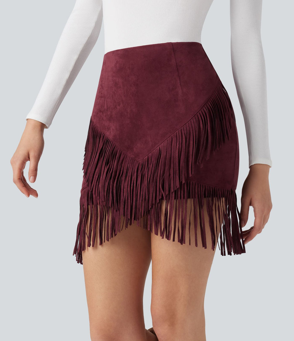 Jupe mini moulante décontractée 2-en-1 effet daim taille haute à franges