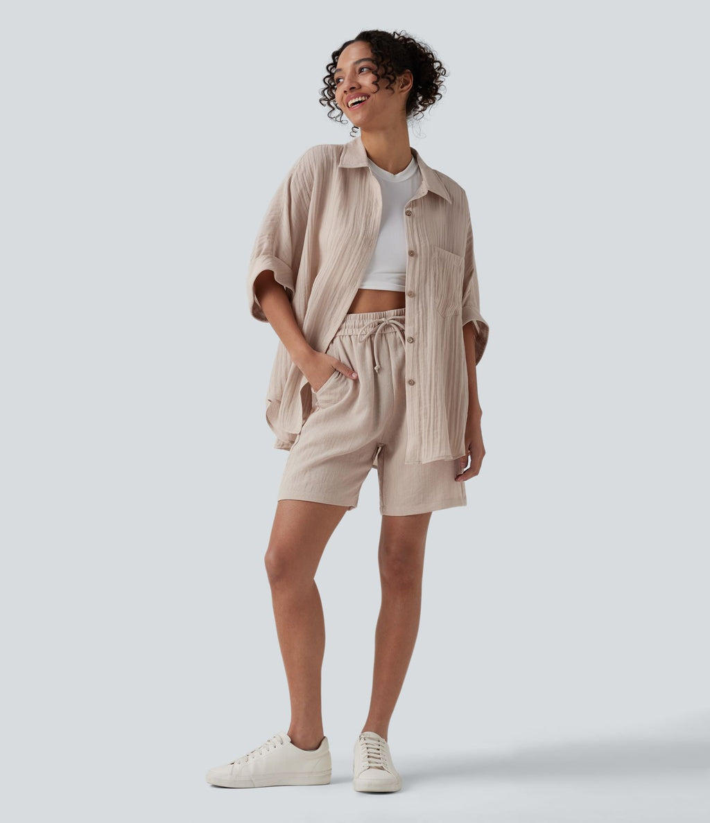 Chemise décontractée effet lin à manches mi-longues avec poche