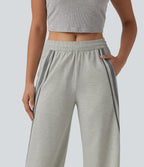Jogging large décontracté color block taille mi-haute avec cordon de serrage intérieur et poches