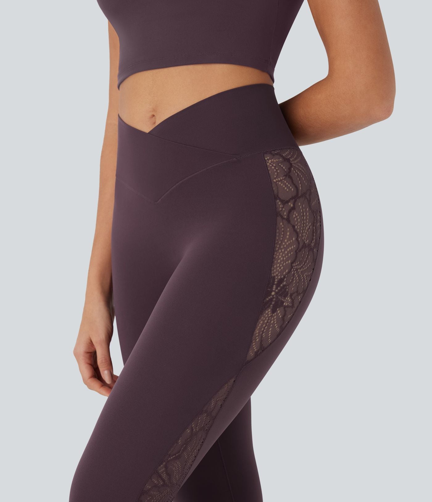 Softlyzero™ Legging Yoga 7/8 Taille Haute avec Poche au Dos Découpe Croisée et Dentelle Contrastante