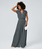 Combinaison Casual Col en V Jambes Large Plissée Manches Courtes Poche Latérale Gaufrée Fluide