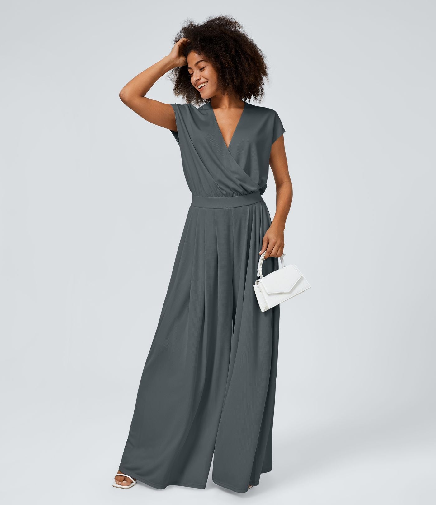 Combinaison Casual Col en V Jambes Large Plissée Manches Courtes Poche Latérale Gaufrée Fluide