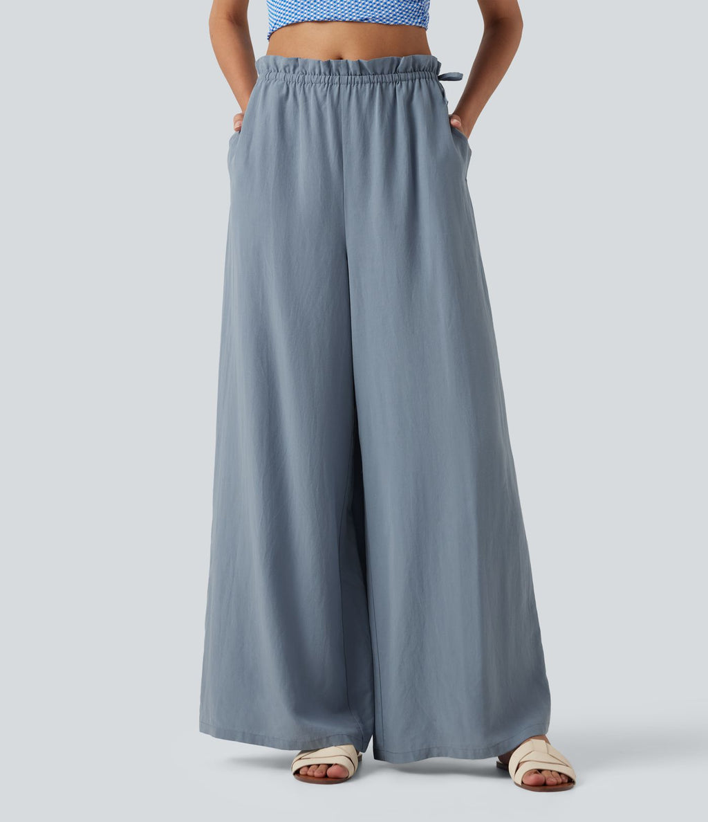 Pantalon baggy fluide casual en mélange de lin taille mi-haute à volants avec cordon et poches