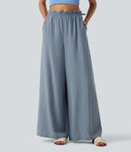 Pantalon baggy fluide casual en mélange de lin taille mi-haute à volants avec cordon et poches