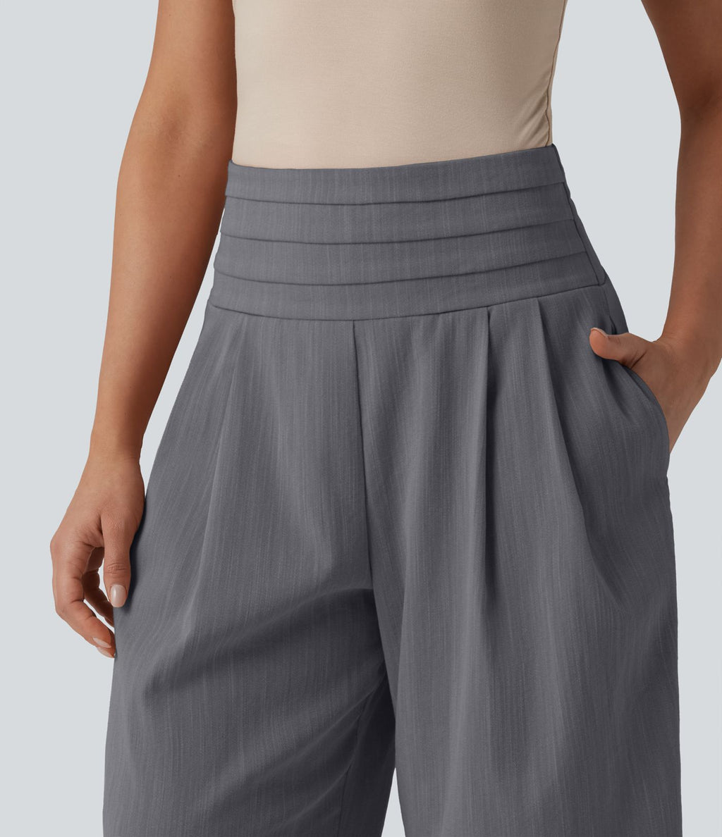 Pantalon large casual aspect lin taille très haute smocké réglable avec poches