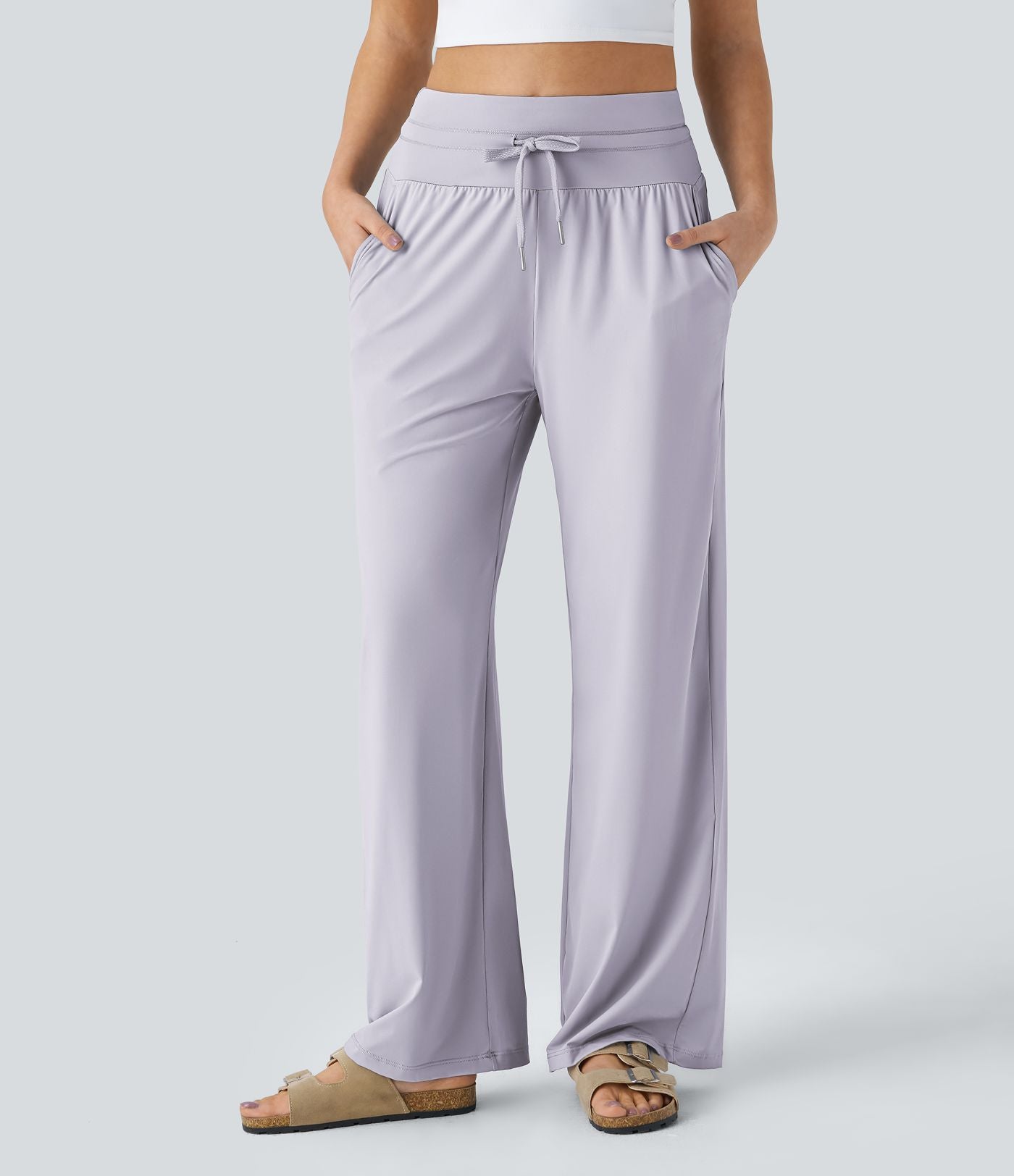 Pantalon large décontracté taille haute cordon de serrage poches latérales effet frais InstantCool