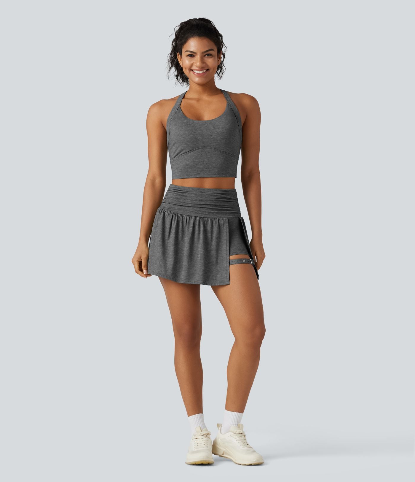 Jupe mini trapèze de sport 2-en-1 taille haute froncée avec poche latérale